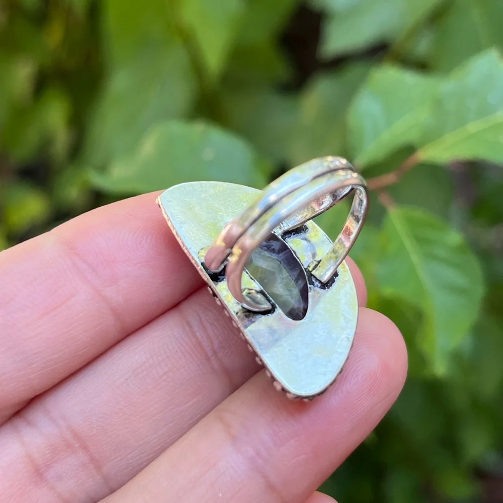 Size 6.75 925 silver plated half‎ moon amethyst ring